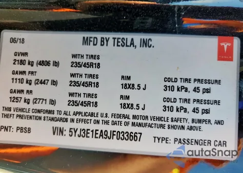 2018 Tesla Model 3 from USA, damaged, VIN 5YJ3E1EA9JF033667